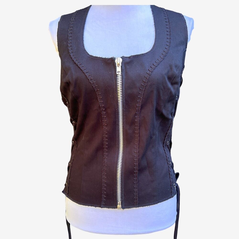 VTG Black Corset Vest Zip Front Side Lace Cotton Serious Clothing Hot Topic XL